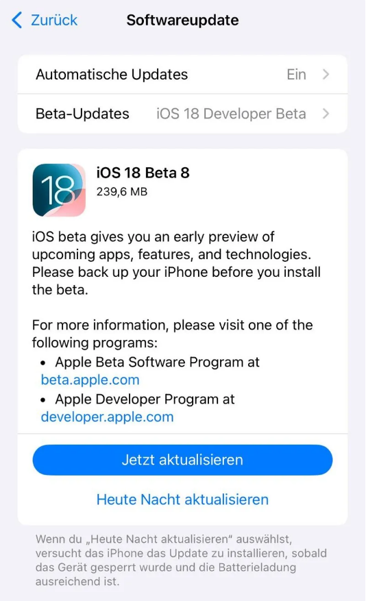 翁源苹果手机维修分享苹果 iOS / iPadOS 18 开发者预览版 Beta 8 发布 